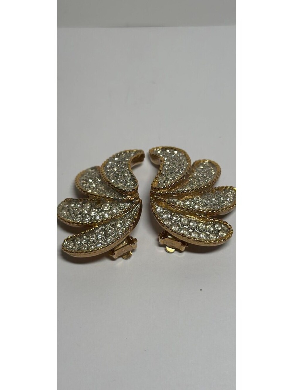 Vintage Gold-Tone Rhinestone Fan Wing Clip-On Earrings - Stainless